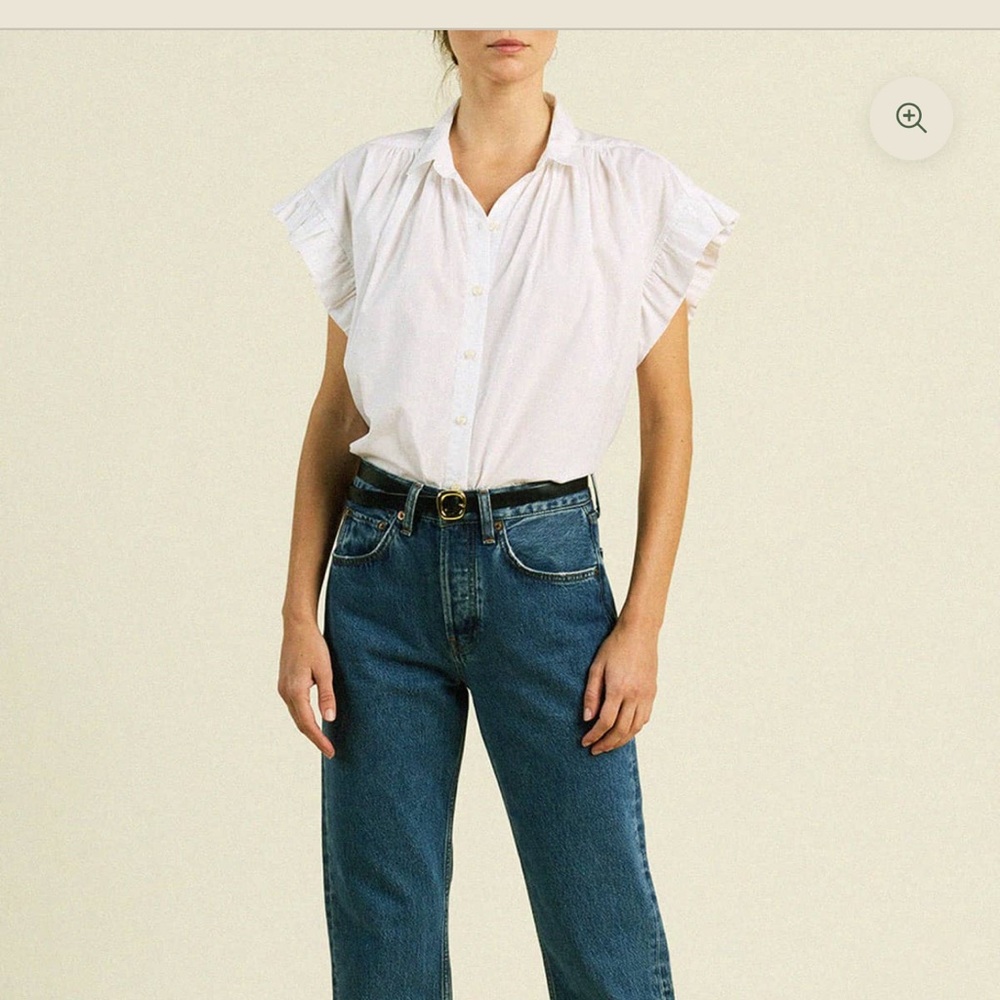 Trovata White Button-Up Blouse with Ruffle Sleeves